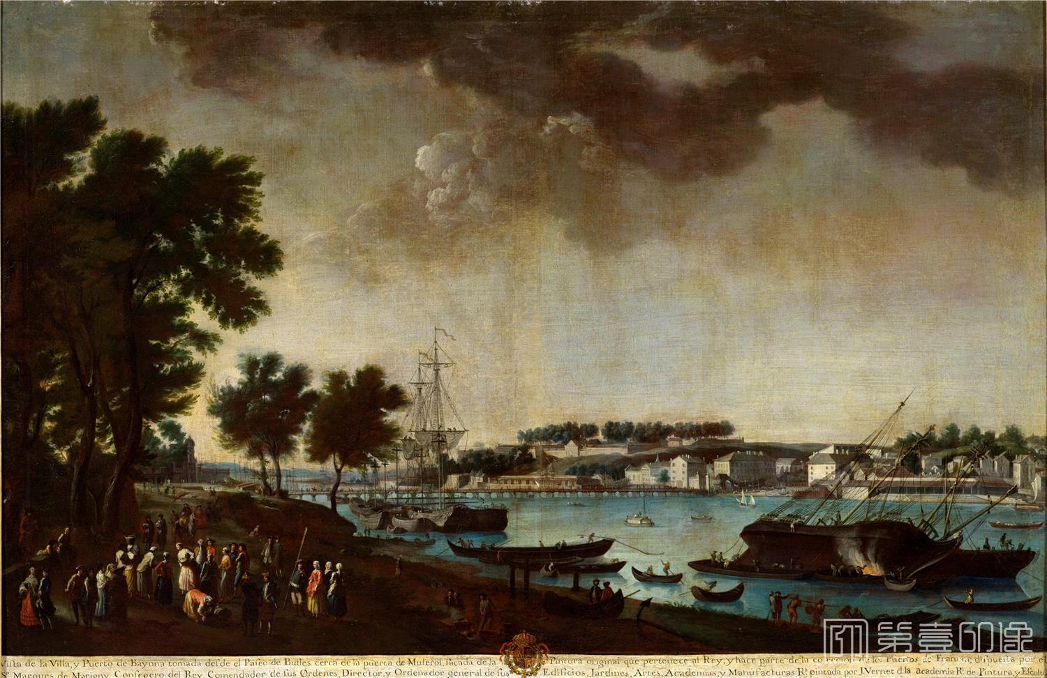 油画-美国洛杉矶国家美术馆-Juan Patricio Morlete Ruiz-View of the City and Port of Bayonne from the Pathways of Boufflers-161